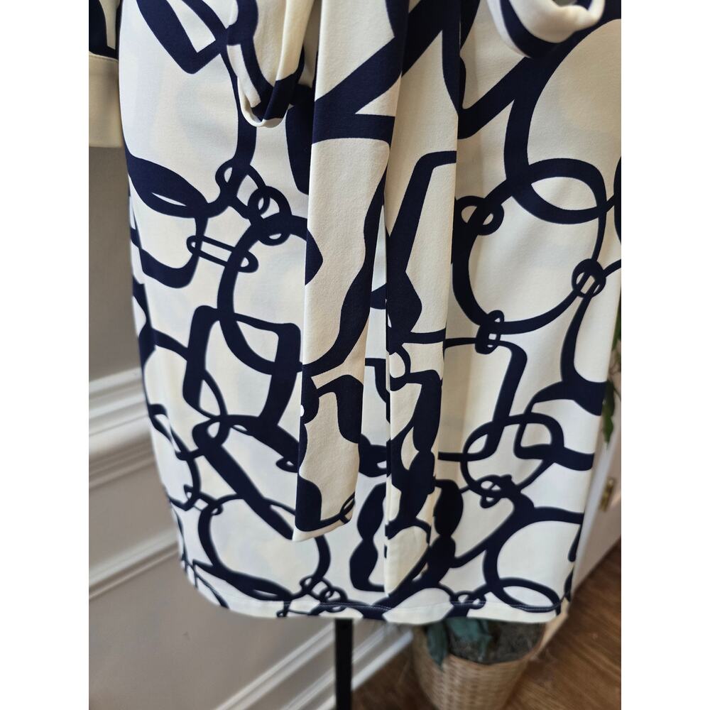 Julie Brown Shift Dress S Navy Ivory Peruzzi Wrap Tie-Waist 3/4 Sleeve Party - Picture 6 of 9